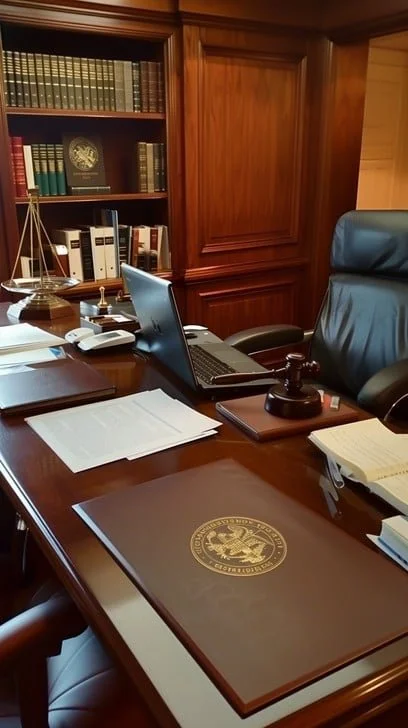 Brown desk with black leather office chair. Legal gavel and laptop computer on the desk and several files. The scales of Justice are on the right hand side of the desk