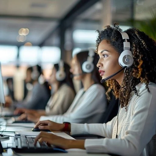 Image of several women sitting infront of computers wearing headphones with a microphone attached.