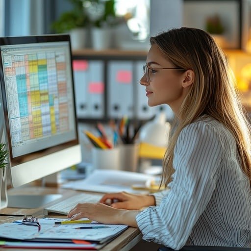 women in a striped shirt at a desk covered in documents and looking at a computer screen with several colored blocks on it.
