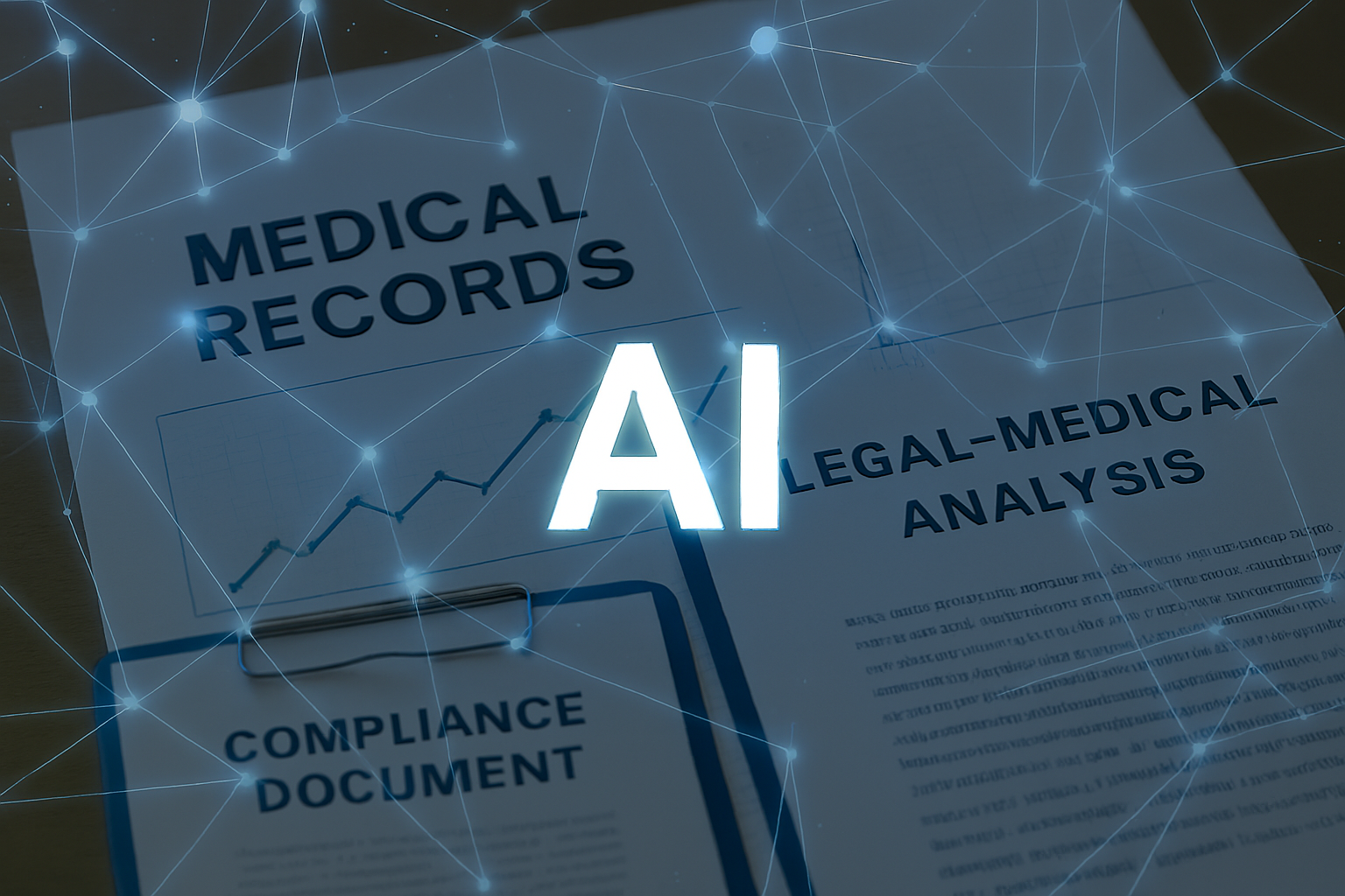 The word AI over medical record and compliance documents depicting how AI  organizes medical records