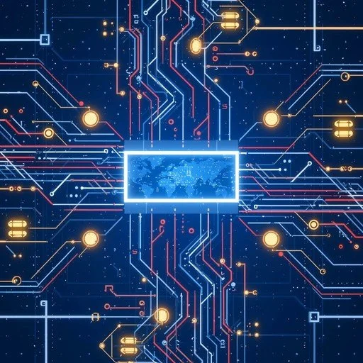 A digital illustration of a circuit board with a glowing rectangle at the center, featuring a world map inside, surrounded by electronic components and pathways.