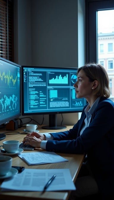 A woman in a light blue shirt and navy jacket looking at two computer screens  containing data