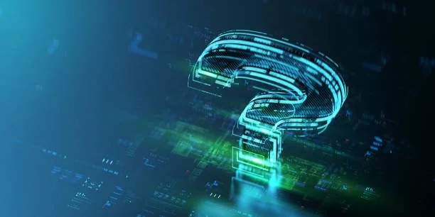 Digital glowing question mark on a technological background.