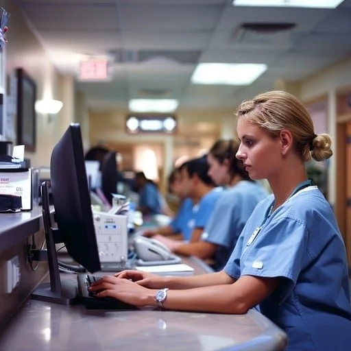 women and men in blue scrubs at a long computer station each looking at their own computer screen.