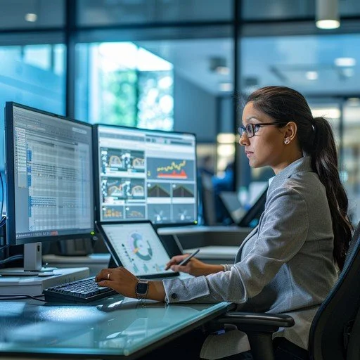 Businesswoman using multiple monitors and a tablet in office setting