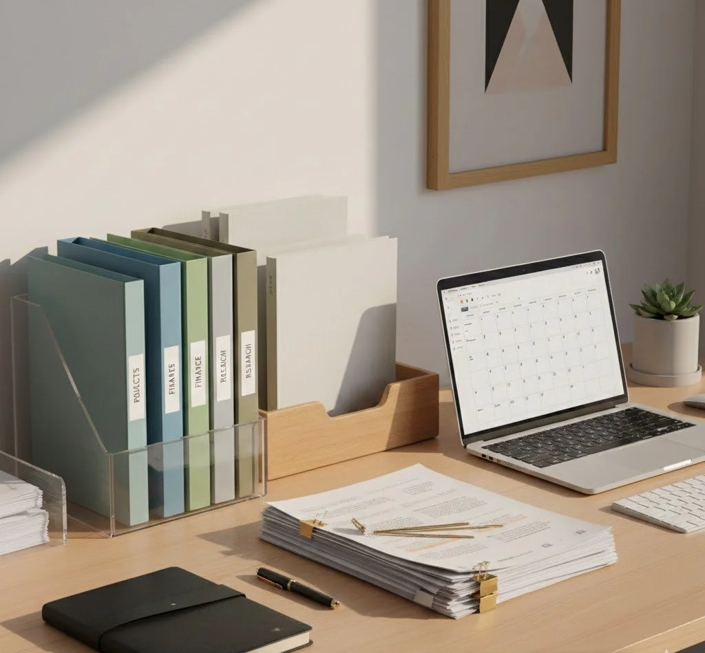 image of an organized desk. Several folders standing in the middle a laptop is on the right side. There is a neat stack of documents next to it and a pen and  notepad next to them.