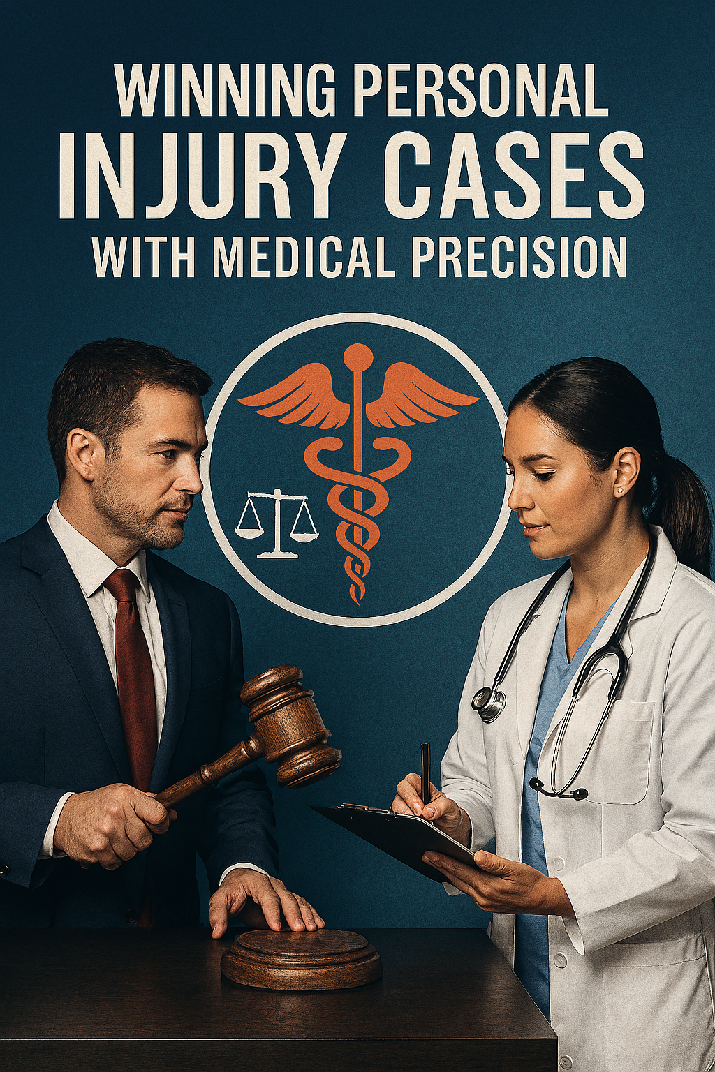 A man in a suit holding a gavel appears to be in a courtroom, while a female doctor in medical attire with a stethoscope listens and writes on a clipboard. The background features a medical symbol with a caduceus and a scale, and the text reads, "Winning Personal Injury Cases with Medical Precision."