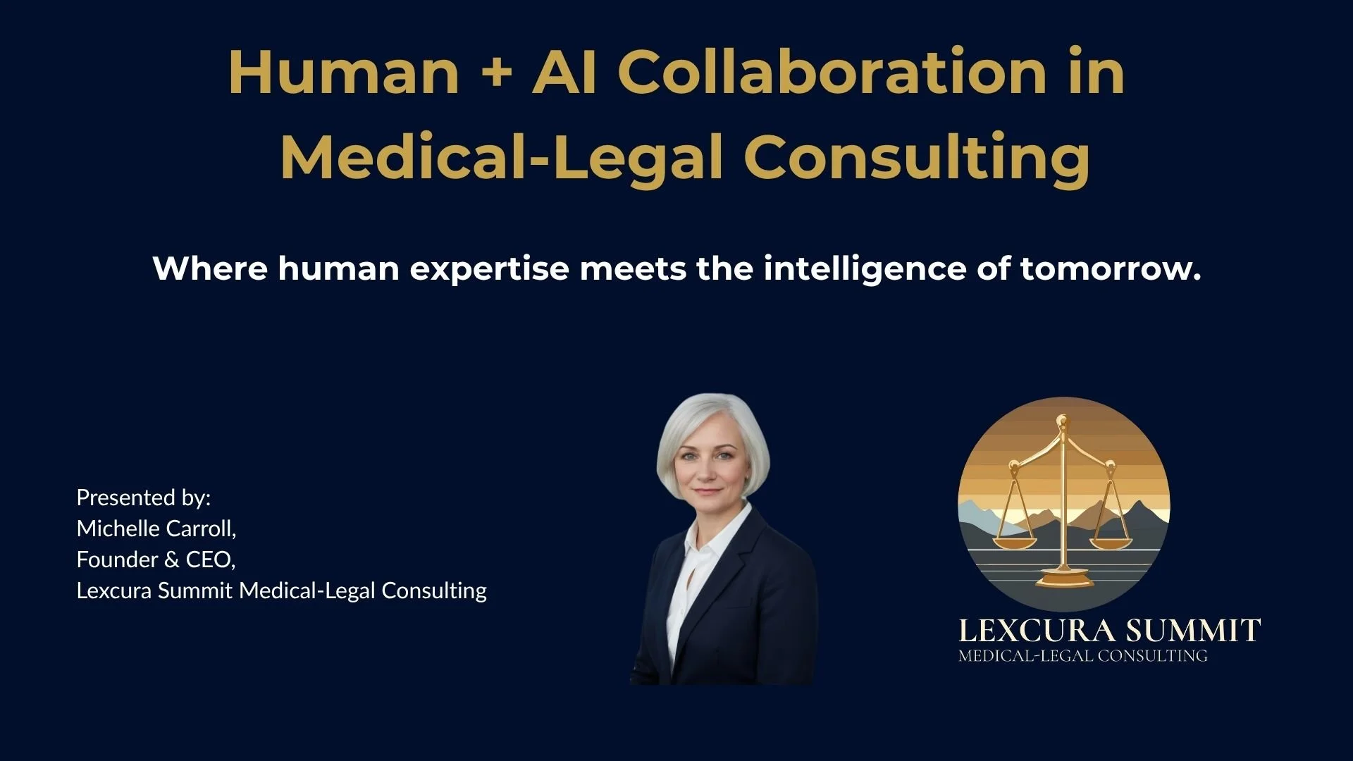 Presentation slide titled 'Human + AI Collaboration in Medical-Legal Consulting' with a subtitle 'Where human expertise meets the intelligence of tomorrow.' Featuring a photo of a woman in professional attire, the Lexcura Summit logo, which depicts a balanced scale with a mountain landscape background, and text indicating the presenter as Michelle Carroll, Founder and CEO of Lexcura Summit Medical-Legal Consulting.
