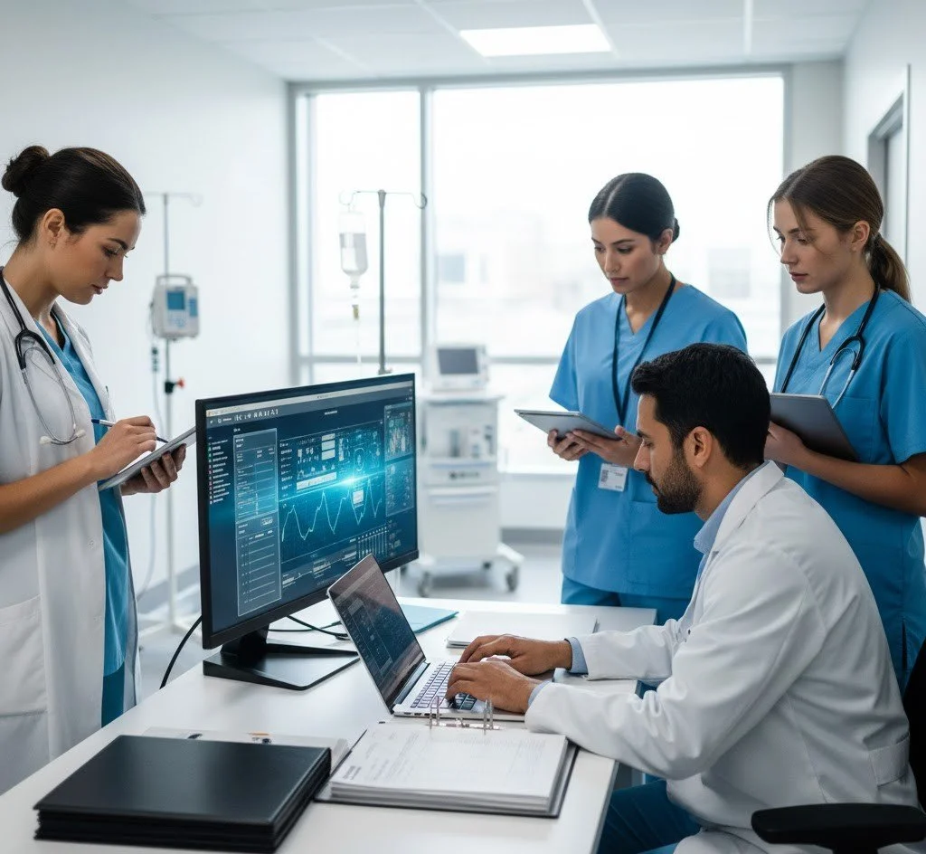 image showing medical Legal Team checking and analyzing medical documents after they have been screened by AI