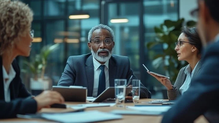 image of 2 men and 2 women in discussion around  a table in business suits