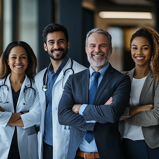 image of a professional medical team, two doctors wearing white coats and stethoscopes around their necks, man with beard wearing a blue shirt, dark blue tie and navy jacket. Women wearing a brown suit with a white shirt