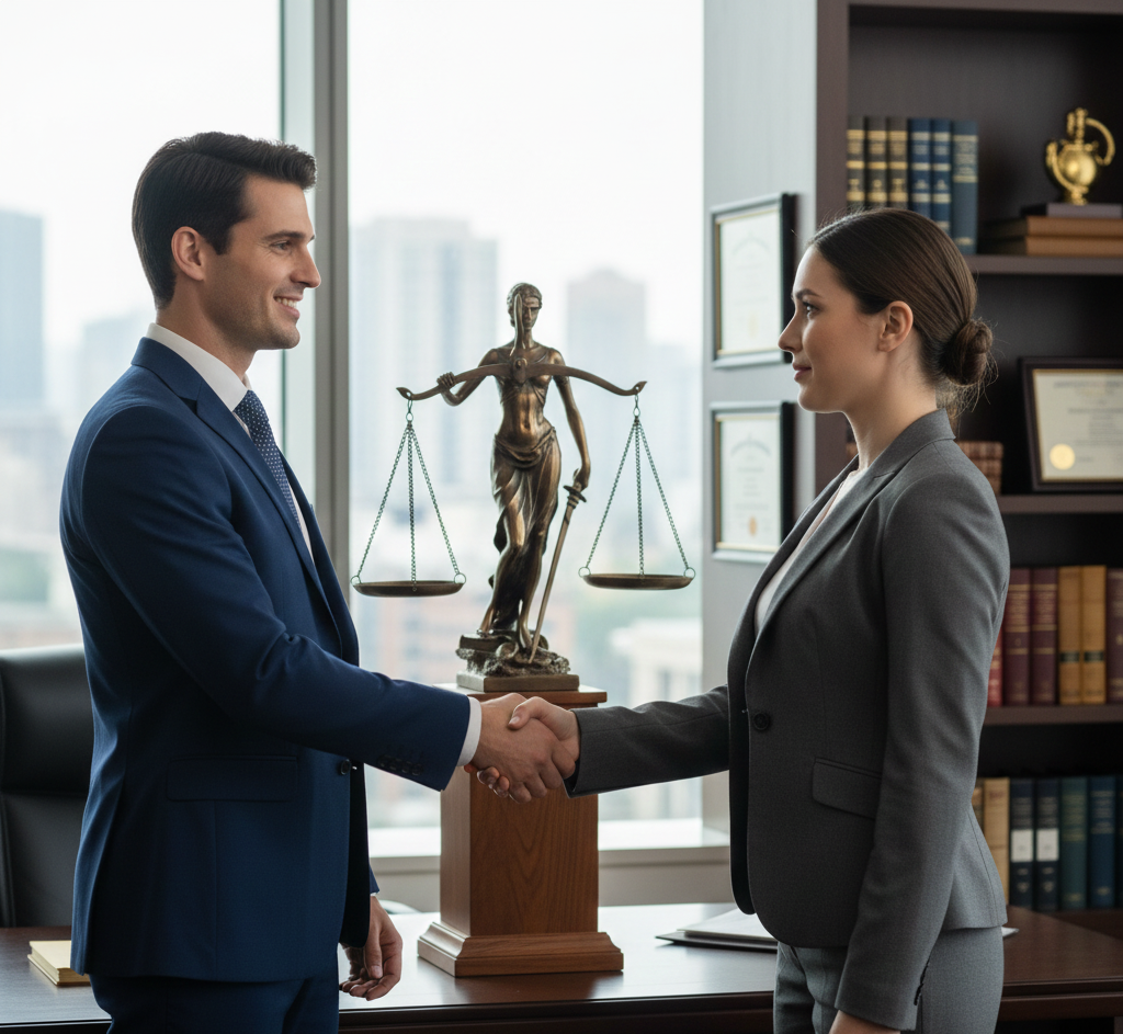 Man in a blue suit  and woman in a grey suit shaking hands with the scales of justice in the middle