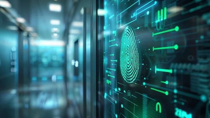 Digital fingerprint scanner interface on a glass wall in a high-tech setting