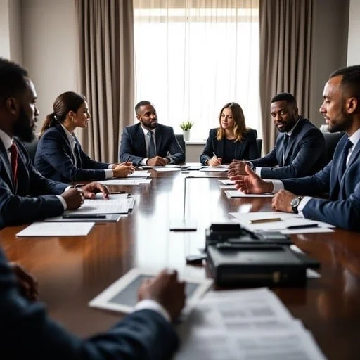 Men and women in suits sitting around a conference table with documents on the desk and look to be in discussion
