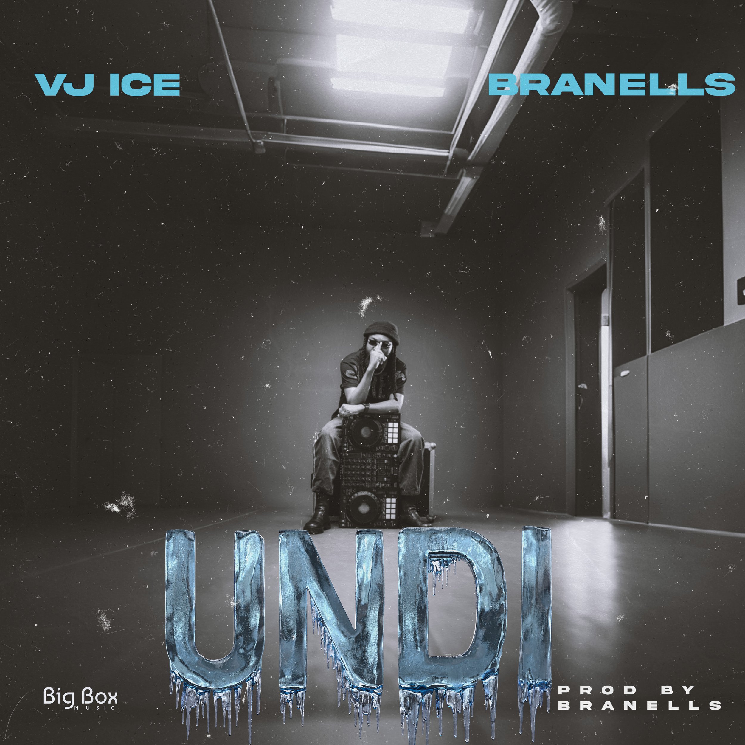 Album cover featuring a person sitting on a speaker in a dimly lit room, with text "VJ Ice" and "Branells" at the top, and "UNDI" in icy letters across the bottom. Produced by Branells, from Big Box Music.