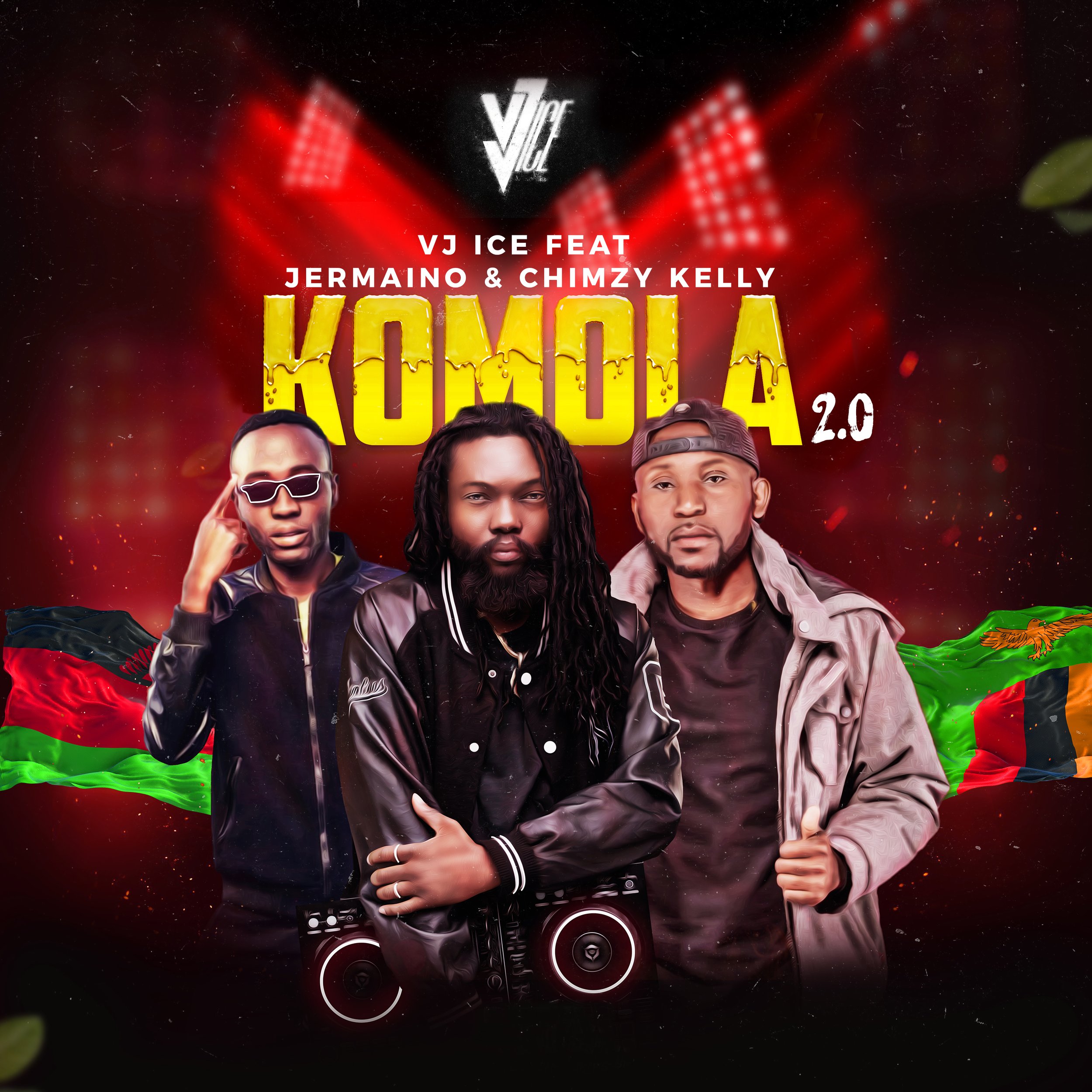 Promotional poster for "Komola 2.0" featuring VJ Ice, Jermaino, and Chimzy Kelly, with red and white lights in the background and African flags.