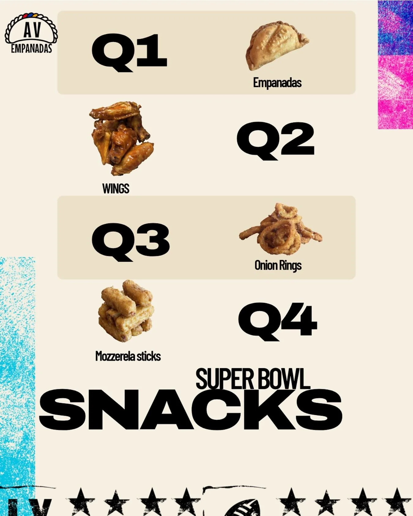 Level up your Super Bowl spread right here! Game day just got saucy. 🍗🥟🧀 Who&rsquo;s ready for all 4 quarters? #SuperBowlSnacks #AVEmpanadas