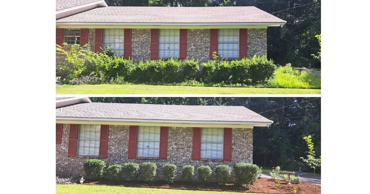 Comparison of two similar brick houses with different front yard landscaping. The top house has lush bushes and plants, while the bottom house has trimmed bushes and minimal plants.