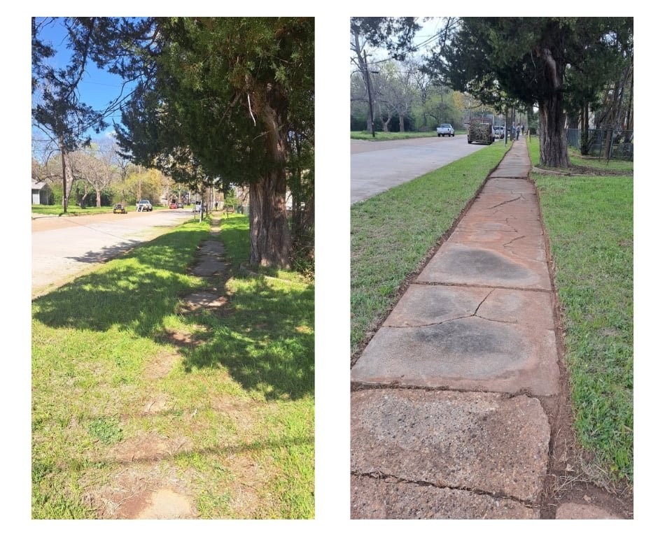Side-by-side comparison of a grassy sidewalk with a large tree casting a shadow on the left and a concrete sidewalk with cracks on the right.
