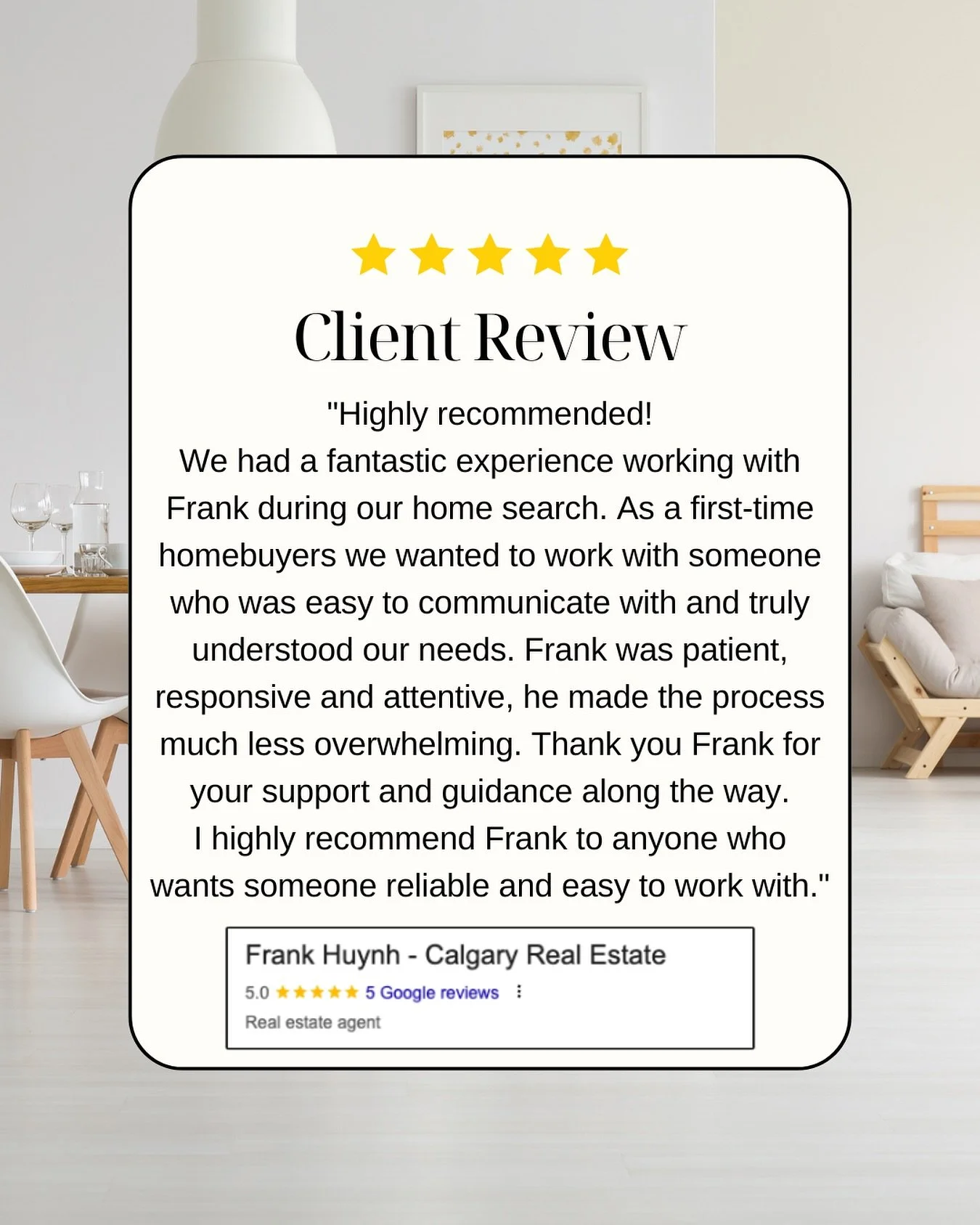 My clients left such kind words on Google Reviews! Thank you for trusting me with your first home search, and I&rsquo;m so glad we were able to not only connect but also find the right home for your family 🥹