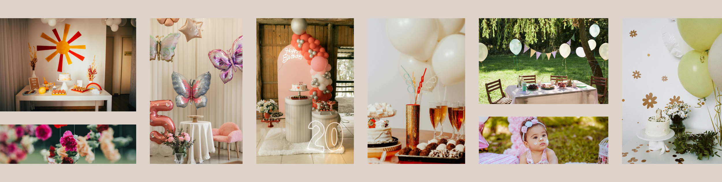 Collage of birthday party decor: retro sun-themed dessert table, butterfly balloons with number 5, neon 20 sign with balloon arch, cake and champagne spread, outdoor garden party table, and floral cake smash setup with baby Madison WI