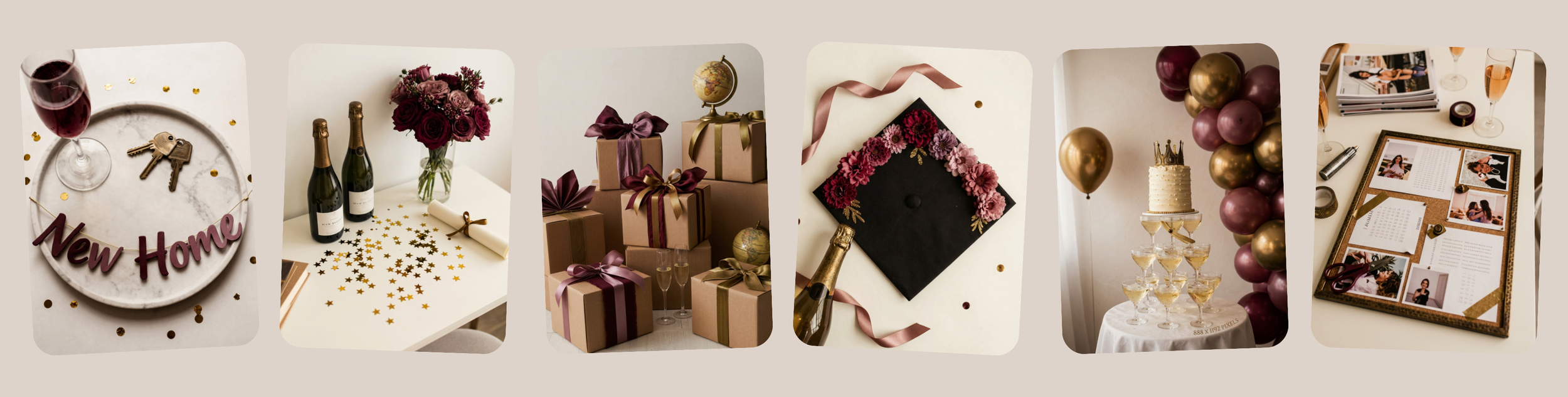 Collage of milestone celebration decor: new home balloon banner, champagne with roses, wrapped gifts, floral graduation cap, cake with balloon garland, new job, divorce and framed keepsake photos for vision board.