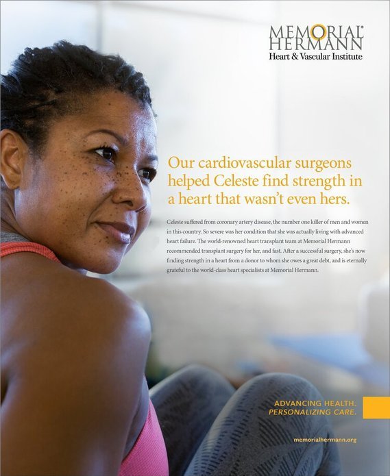 A woman with freckles and dark hair styled back sitting in what appears to be a waiting area, with a soft smile. The image is part of an advertisement for Memorial Hermann Heart & Vascular Institute, emphasizing support for cardiovascular surgery pat