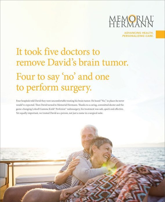 Smiling elderly couple hugging on a boat with water in the background, promoting Memorial Hermann hospital's success in brain tumor surgery.