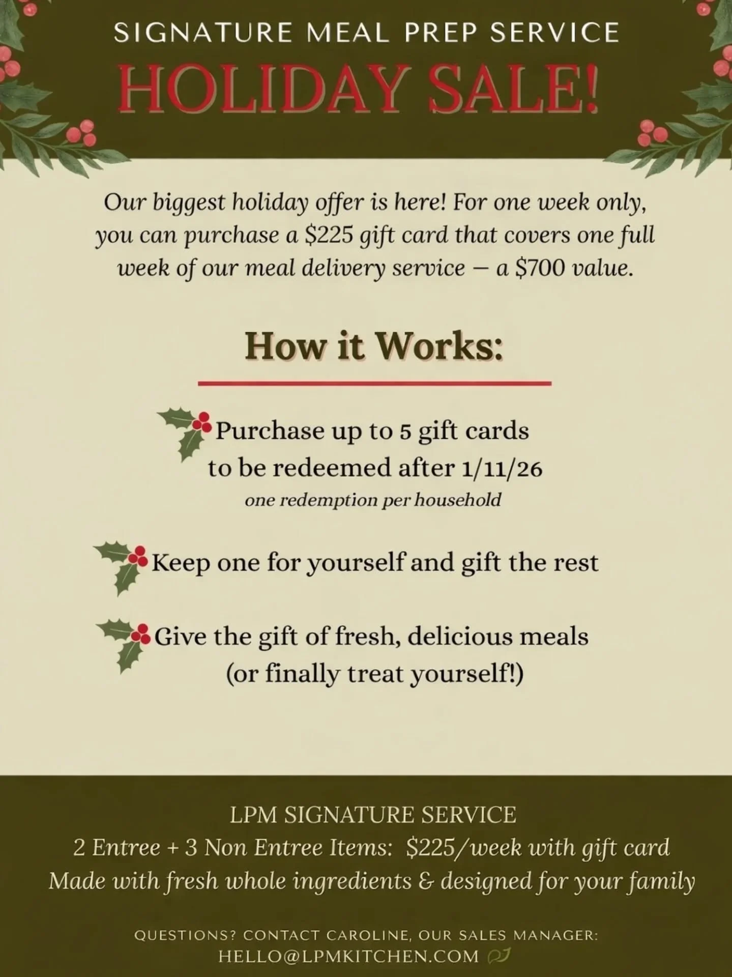 🎁 Holiday Sale &mdash; This Month Only 🎁

Our biggest holiday offer of the year is here.

For a limited time, purchase a $225 gift card that covers one full week of our Signature Meal Prep Service &mdash; a $700 value.

✔ Fresh, chef-prepared meals