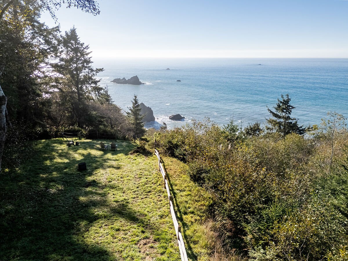 A scenic view of a grassy hillside with trees and bushes overlooking the ocean, with rocks near the shoreline and a clear blue sky.