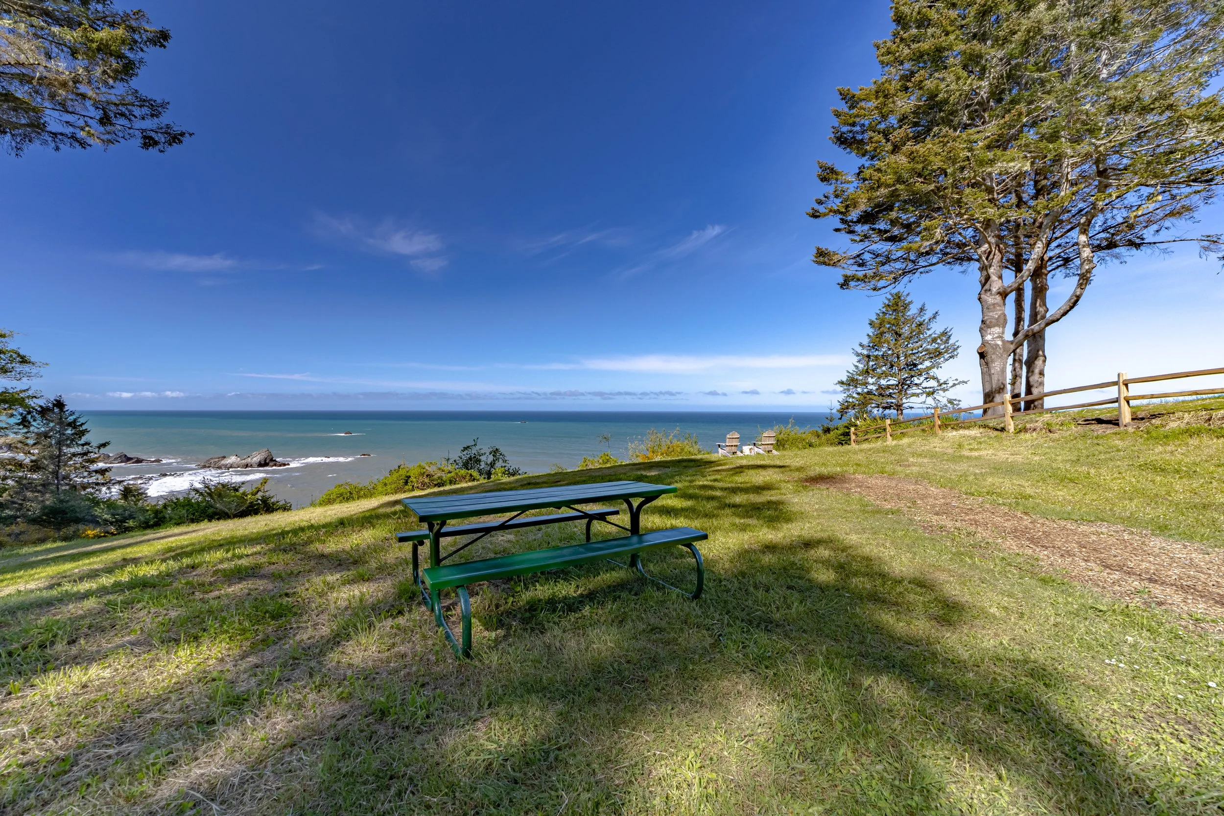 A scenic coastal park with a grassy area, a green picnic table, a large tree casting shadows, a wooden fence, and a view of the ocean with rocks and blue sky.