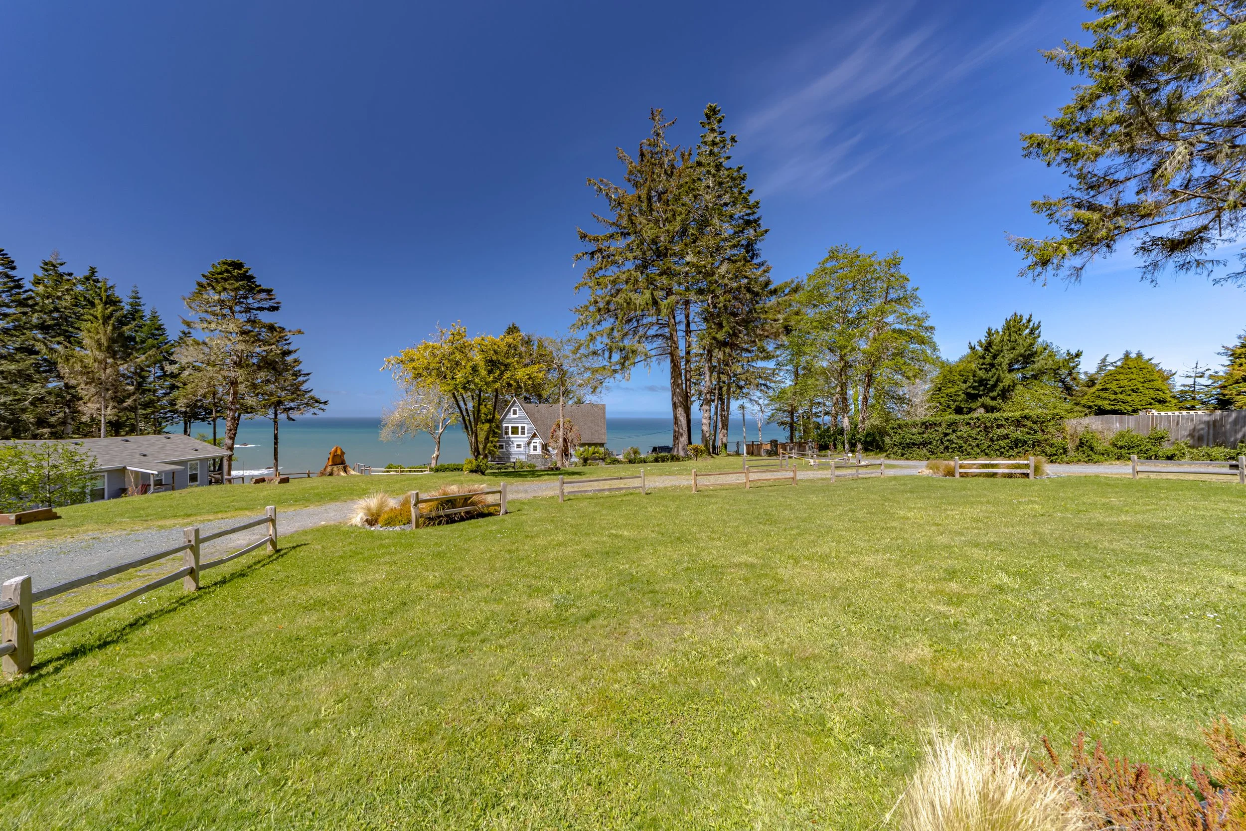 A grassy yard with trees, a house, and a view of the ocean in the background under a blue sky.