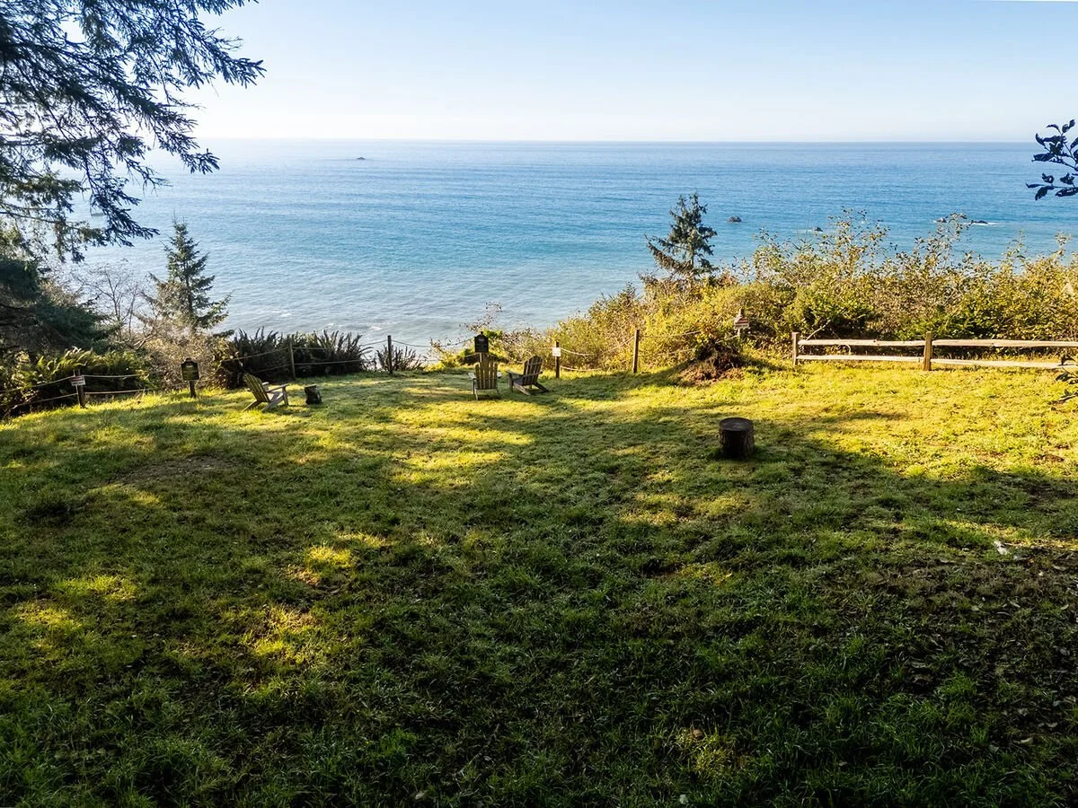 A grassy backyard with Adirondack chairs facing the ocean, surrounded by trees and bushes, with a clear view of the blue sea and sky in the distance.