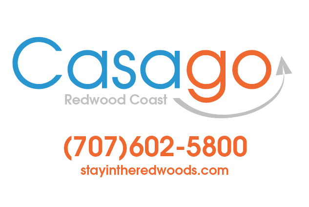 Casago logo with 'Redwood Coast,' phone number (707) 602-5800, and website stayintheredwoods.com.