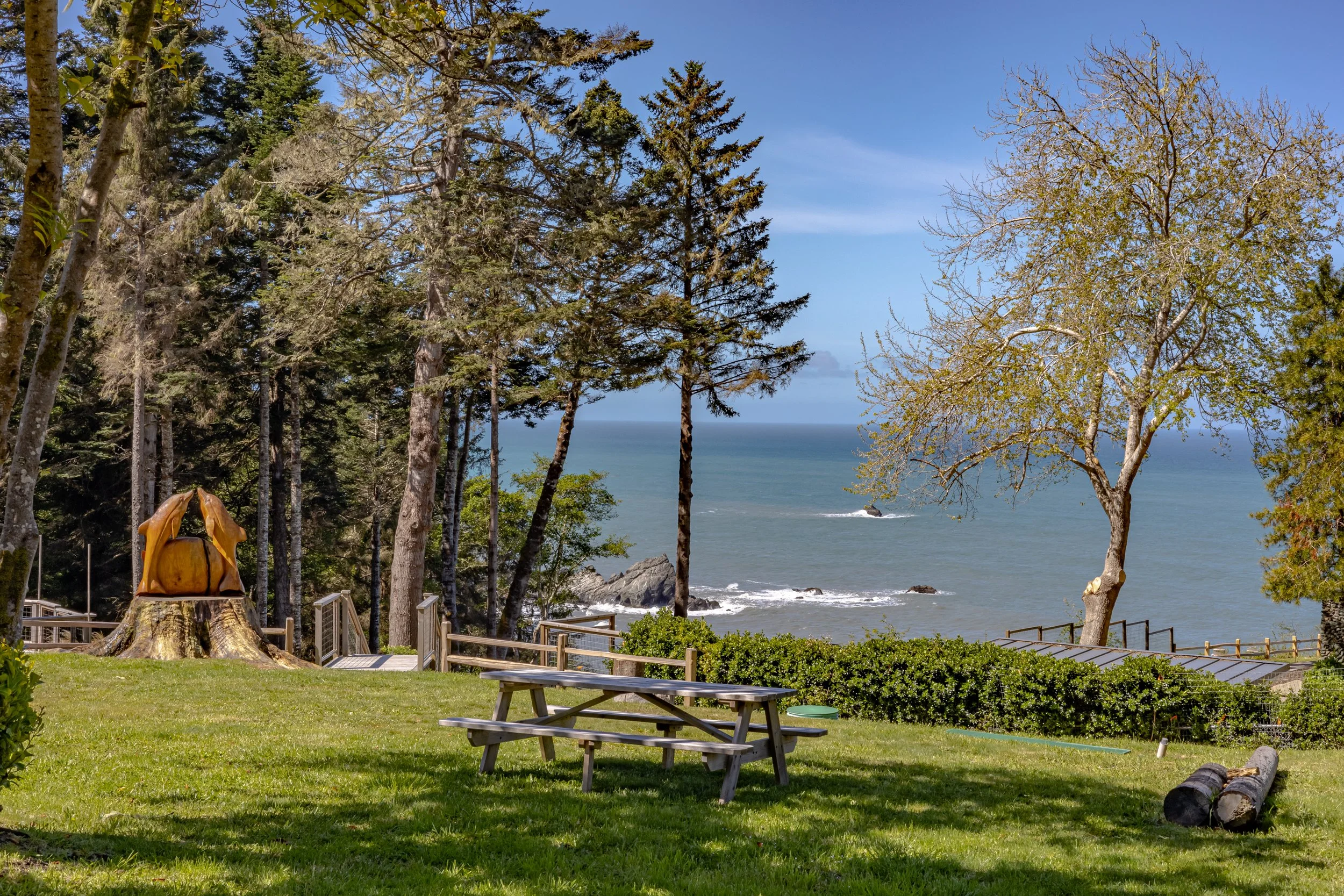 A grassy area with a picnic table, trees, and a view of the ocean with rocks in the water on a sunny day.