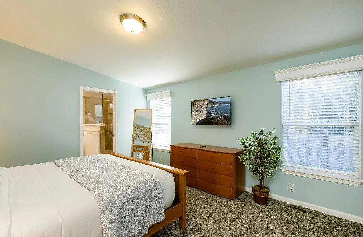 A bedroom with light blue walls, a bed with a white and gray-patterned comforter, two windows with white blinds, a wooden dresser, a plant in a pot, a floor mirror, and a flat-screen TV mounted on the wall. An open door leads to a bathroom.