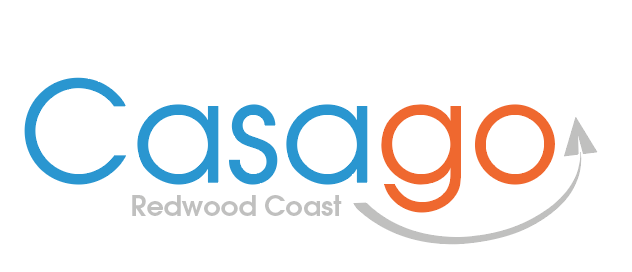 Logo for Casago featuring the text 'Casago' with 'Redwood Coast' underneath, and a curved arrow pointing upward.