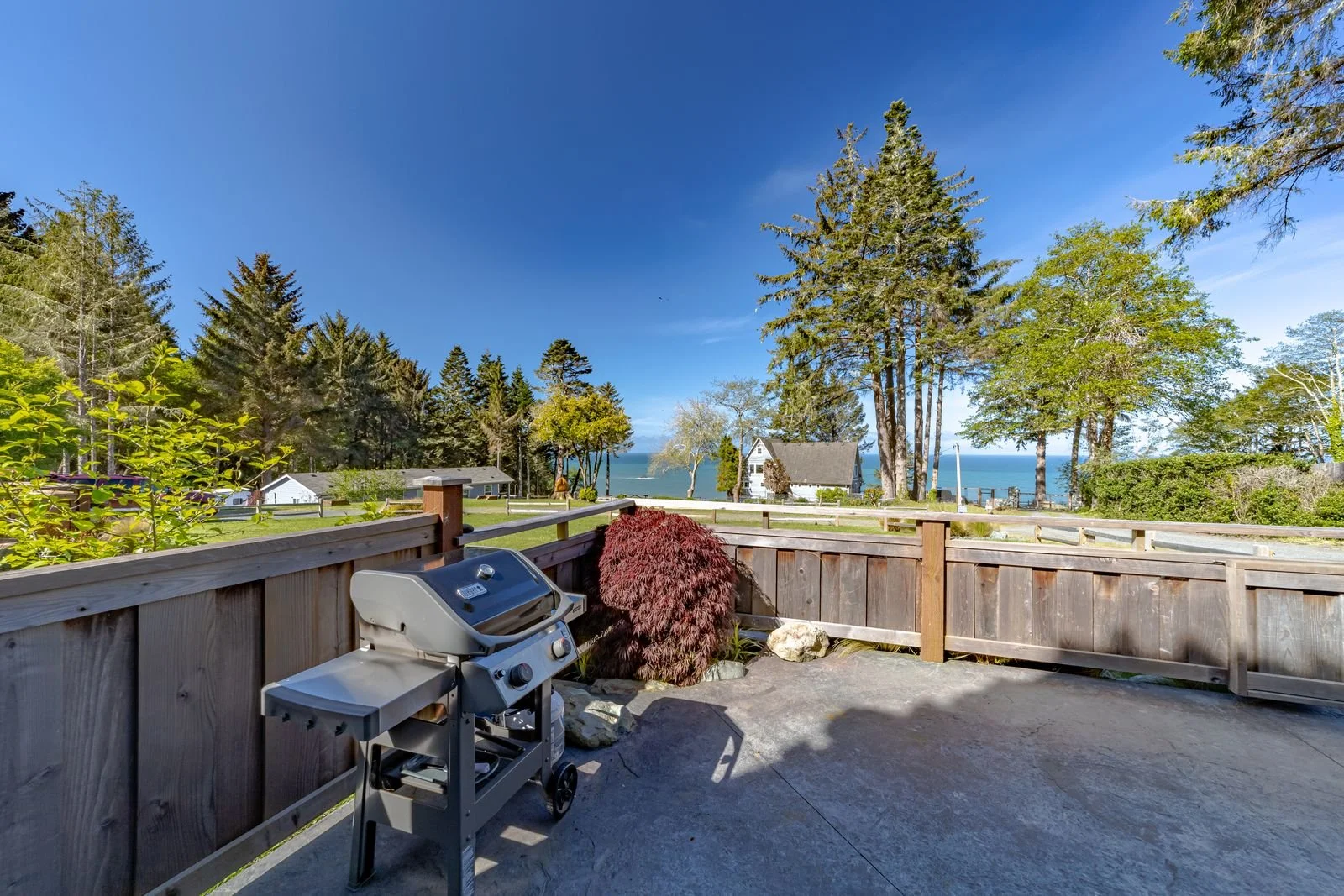 Outdoor patio with a barbecue grill, a red shrub, and a view of trees, houses, and the ocean in the distance under a clear blue sky.