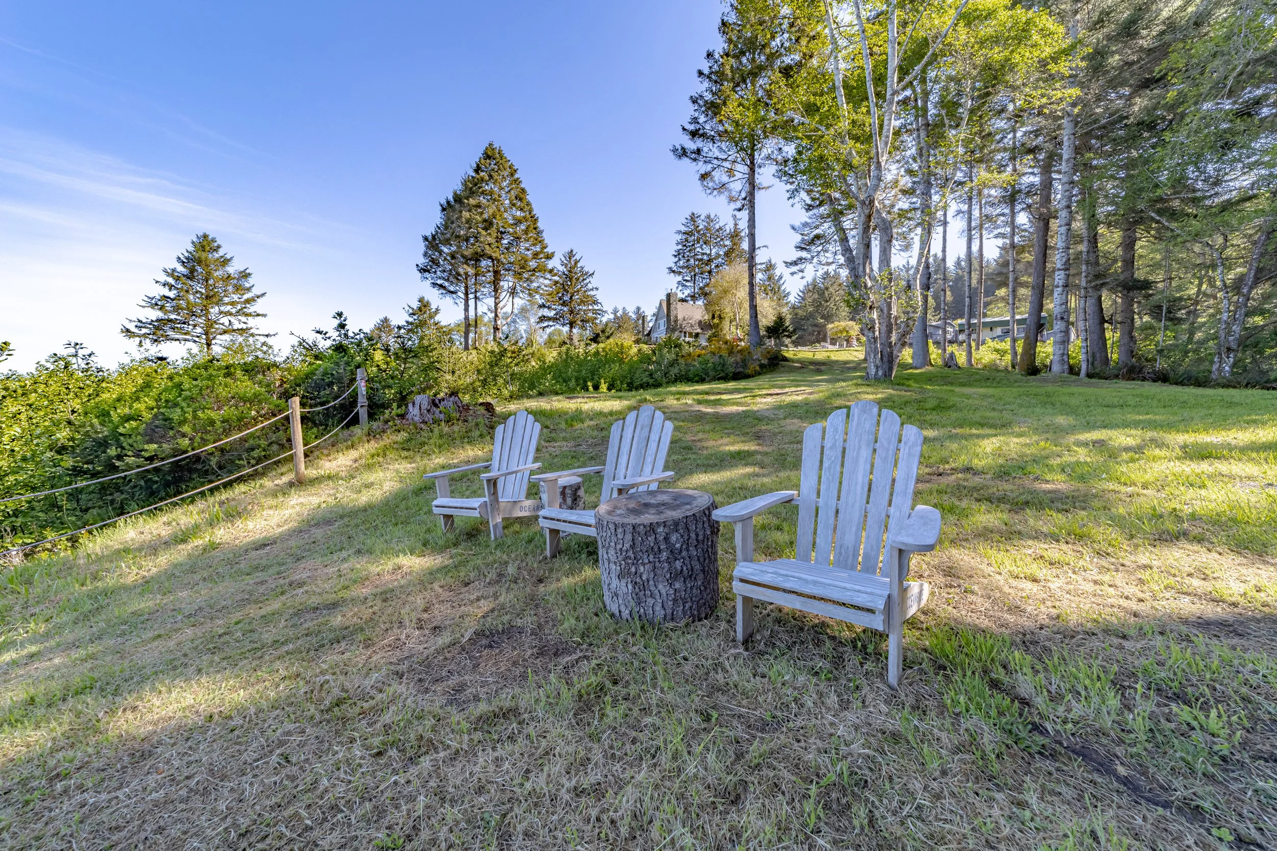 Three white wooden Adirondack chairs arranged in a semi-circle around a tree stump, on a grassy lawn with trees and houses in the background under a blue sky.