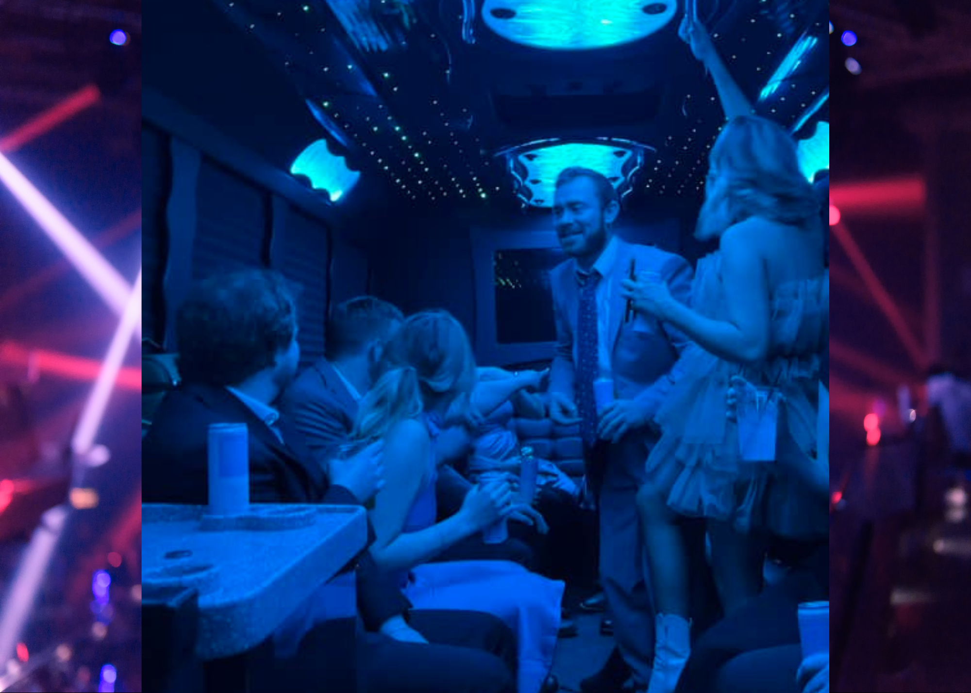Friends dancing on a party bus with colorful lights and Bluetooth music
