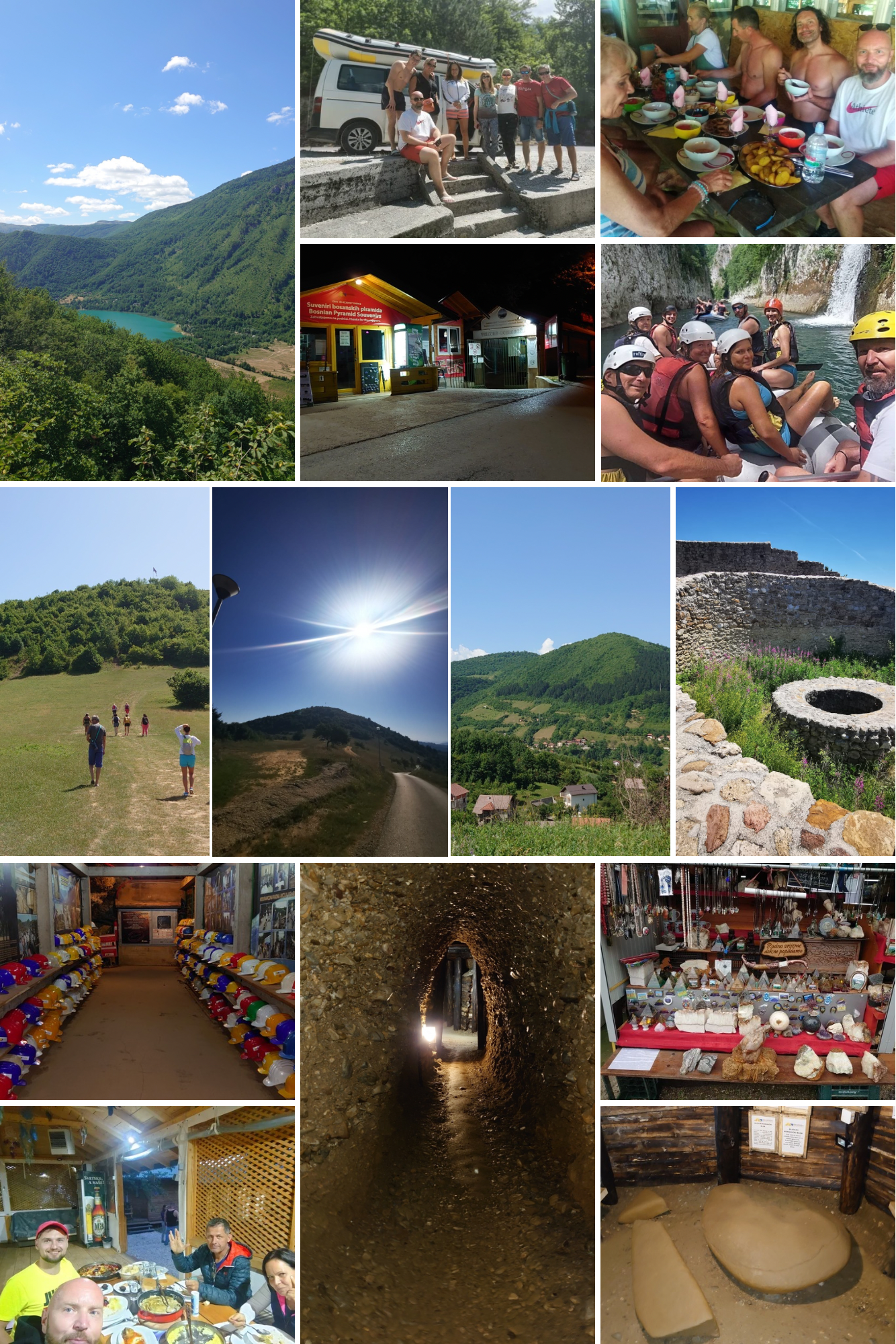 A collage of outdoor and indoor scenes from a trip to a mountainous region. Includes landscapes of green hills and a river, people at a lakeside, a group of friends in canoes, a cave tunnel, a market with souvenirs and minerals, and people enjoying meals.