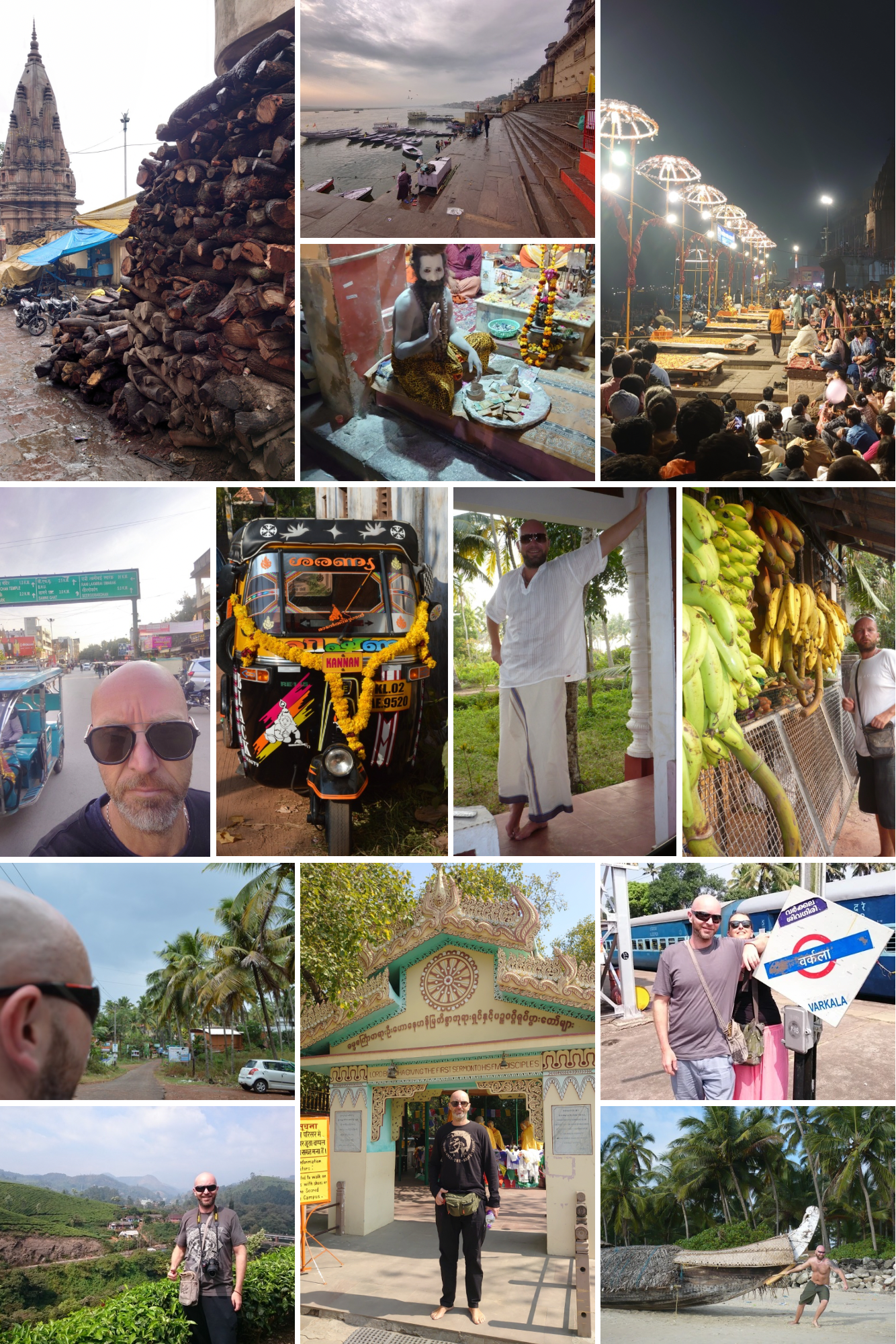 A collage of various scenes from a trip to India, including temples, markets, a man with a beard, a decorated auto rickshaw, a boat on a river, and people exploring different locations.