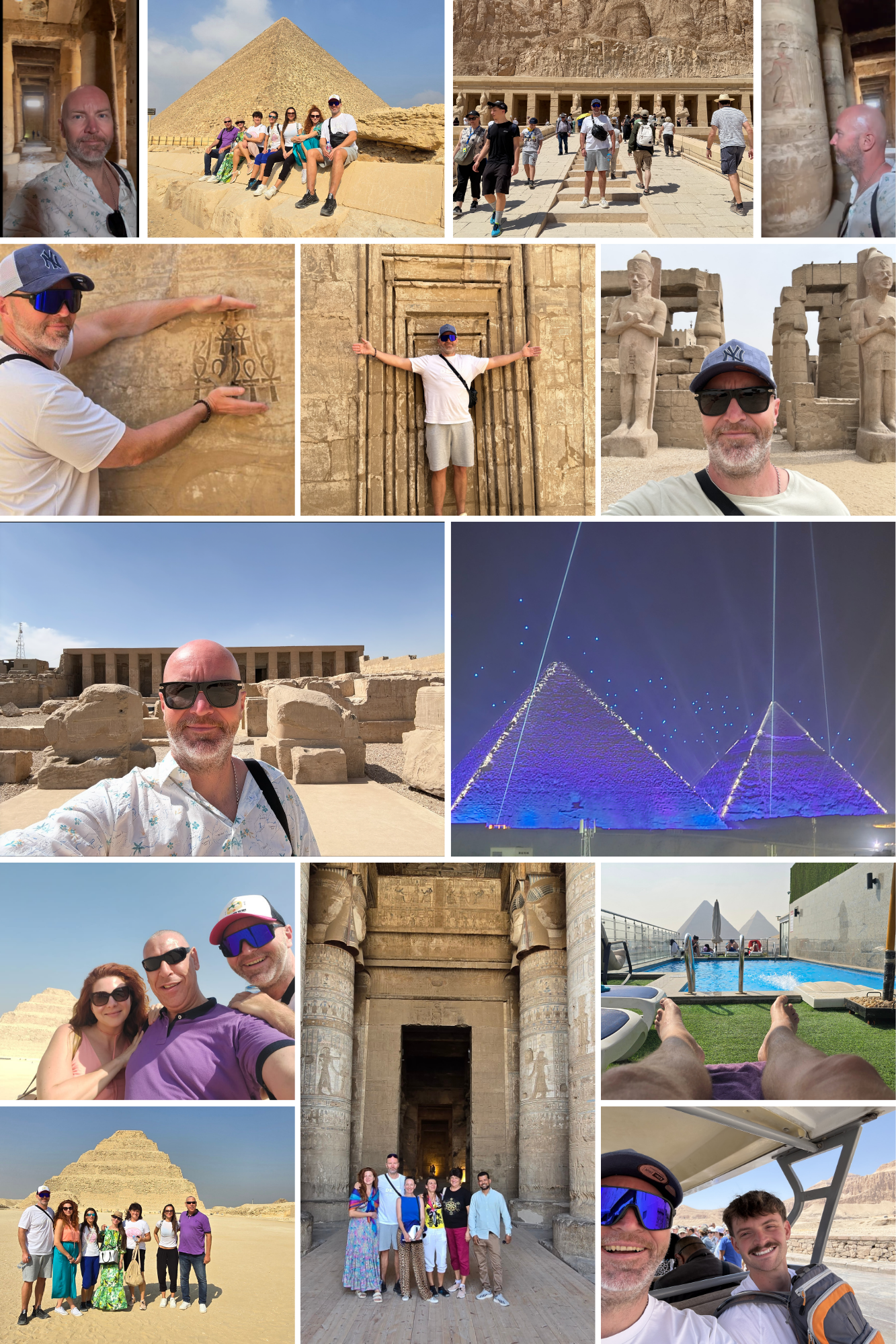 A collage of photos taken during a vacation to ancient Egyptian monuments, including the pyramids of Giza, the Sphinx, and the interior of a temple with hieroglyphs, as well as the Great Pyramid of Khafre and a laser light show at night. The images show groups of tourists posing, exploring the sites, and enjoying swimming and leisure activities.