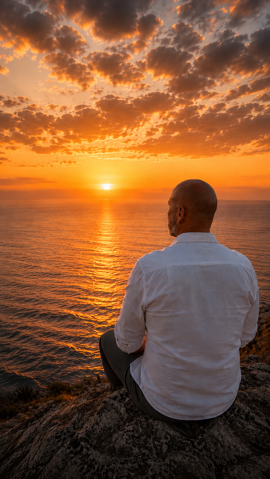 A man with a shaved head, wearing a white shirt and black pants, sitting on a rocky cliff overlooking the ocean during sunset, with clouds in the sky.
