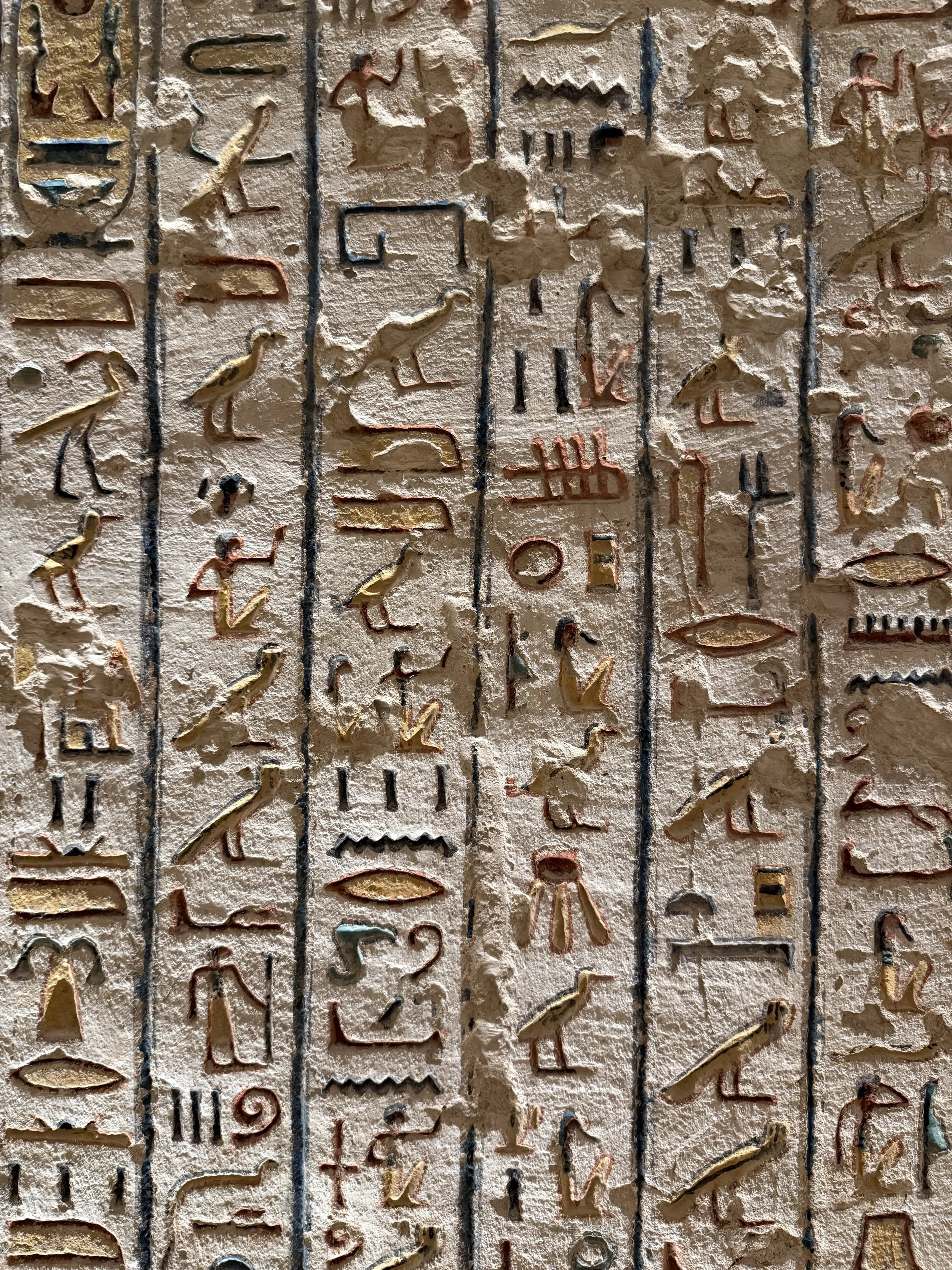 Close-up of an ancient Egyptian wall carving with hieroglyphs and figures carved into stone.