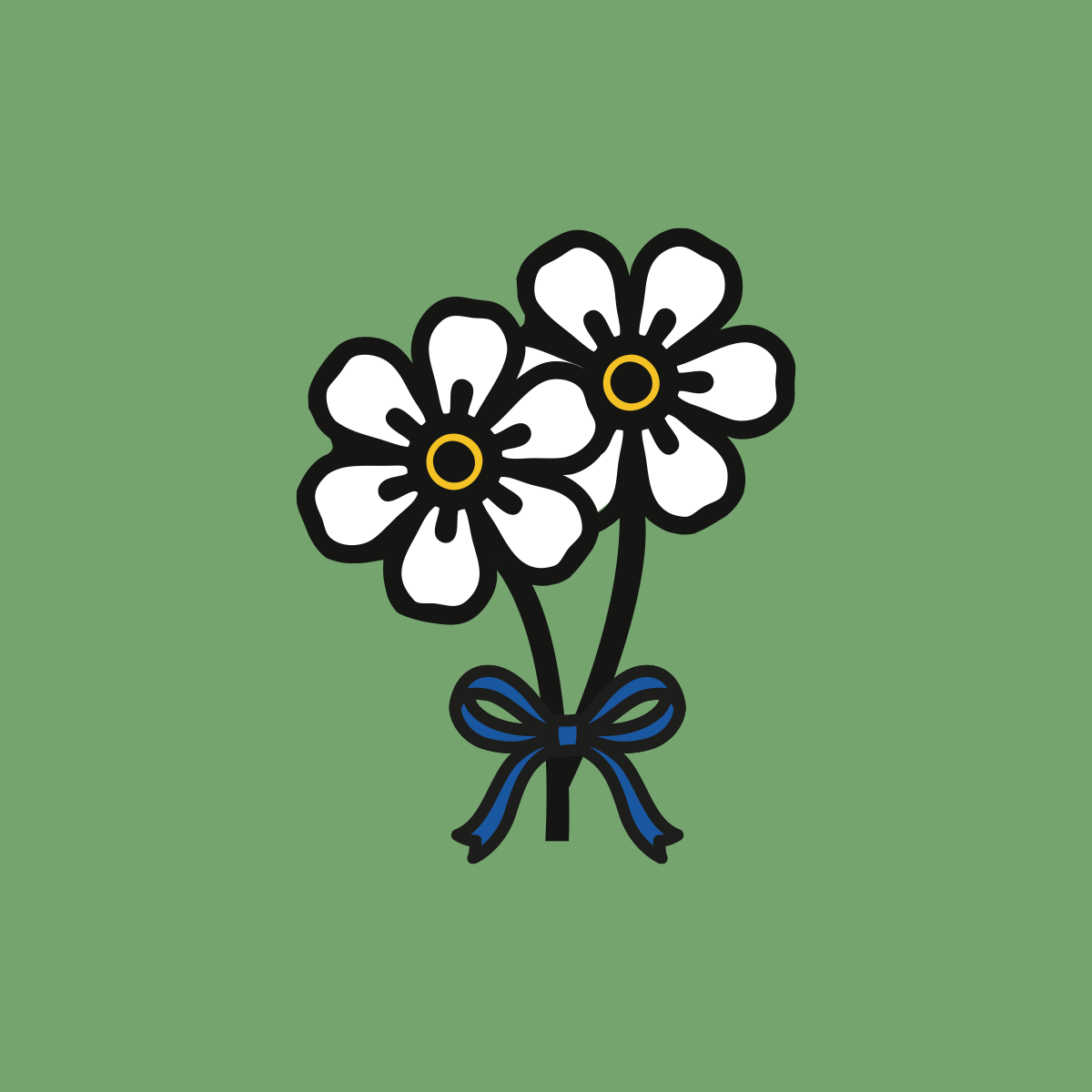 Two flowers tied together by a ribbon.