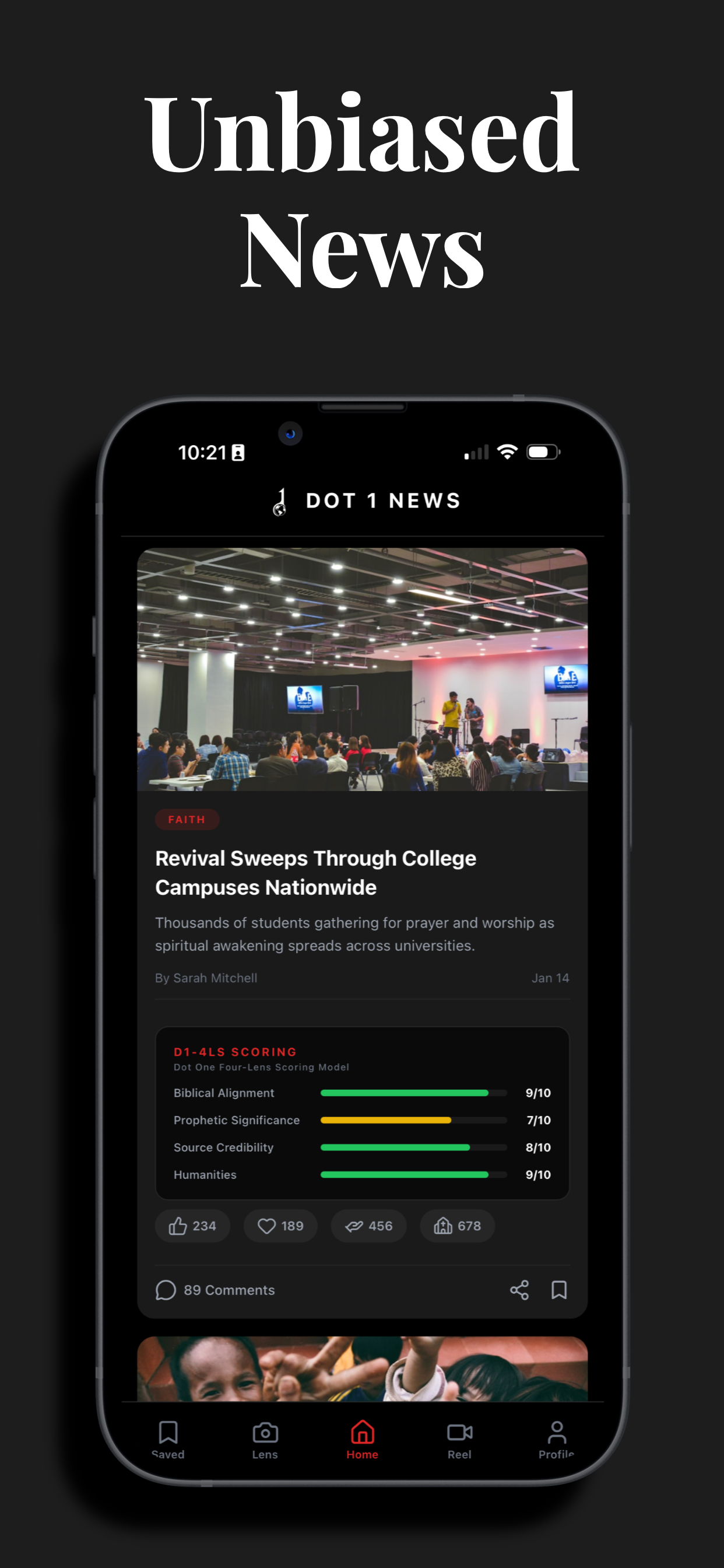 A smartphone screen displays a news app with the headline 'Revival Sweeps Through College Campuses Nationwide,' showing an image of students at a prayer event, with social media engagement icons and navigation icons at the bottom.