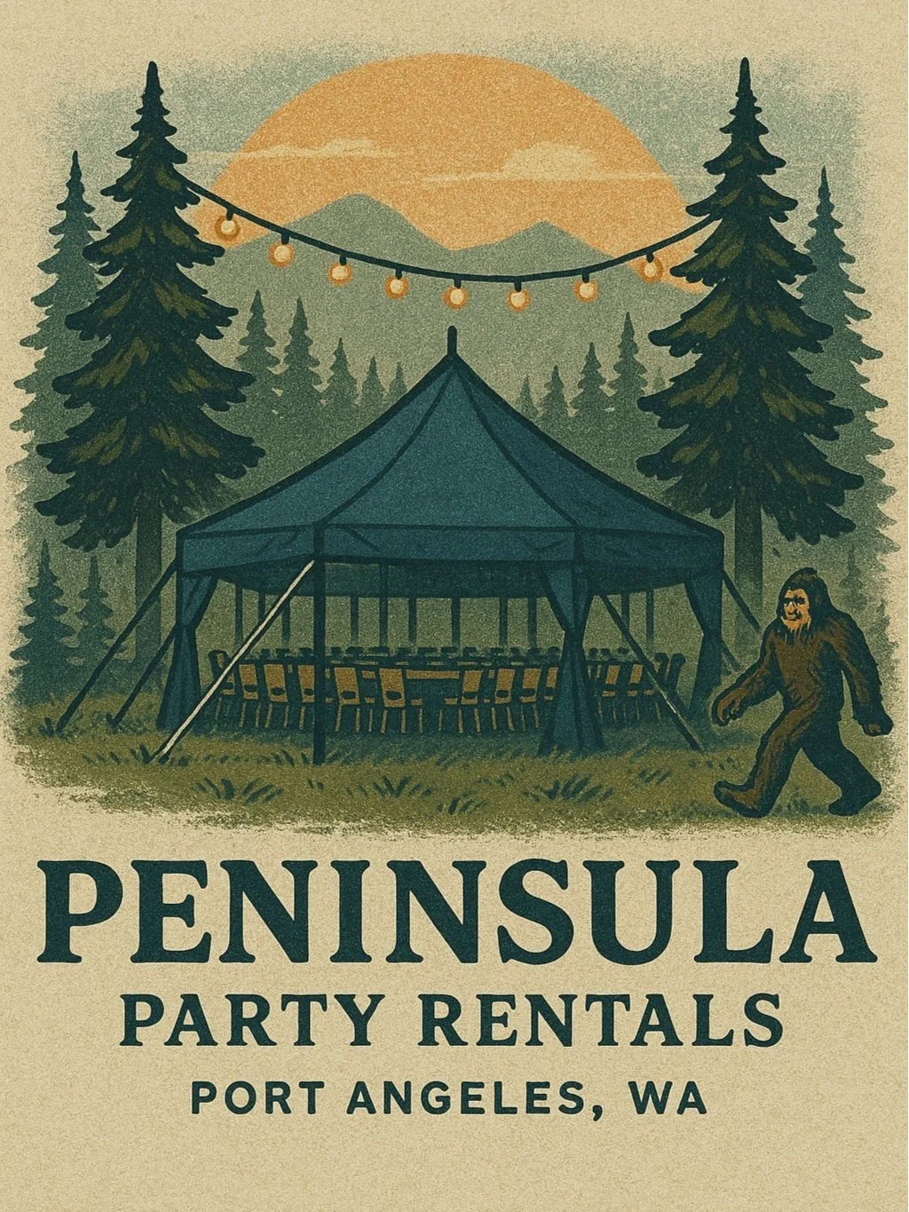 Illustration of a tent in a forest with string lights, mountains, and sunset in the background. A creature, resembling Bigfoot, walks nearby. Text reads 'Peninsula Party Rentals, Port Angeles, WA.'