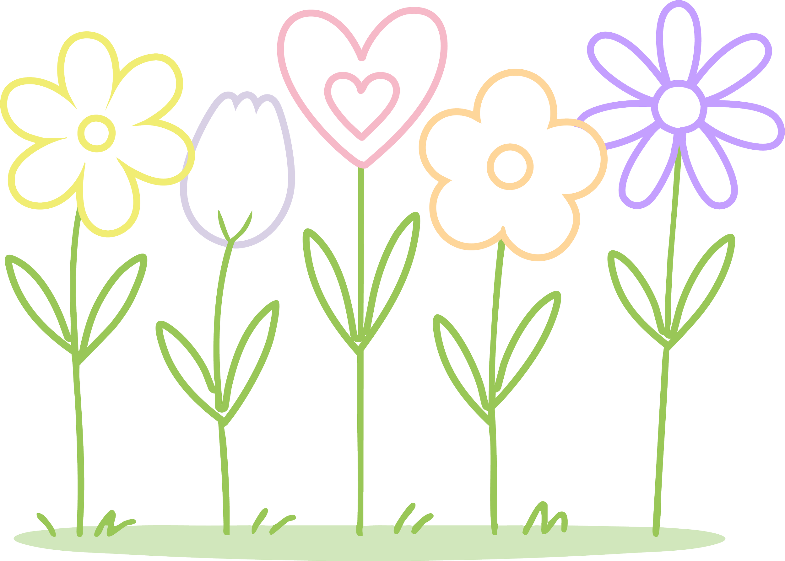 Colorful hand-drawn flowers with green stems and leaves, and a pink heart among the flowers on a white background.