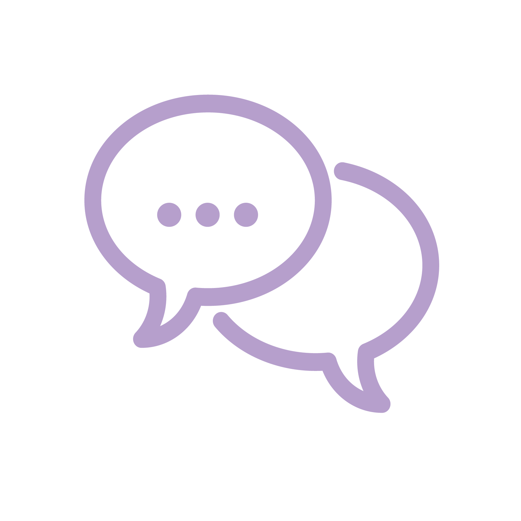Close-up of a speech bubble icon in lavender color, with three dots inside, over a black and white background.